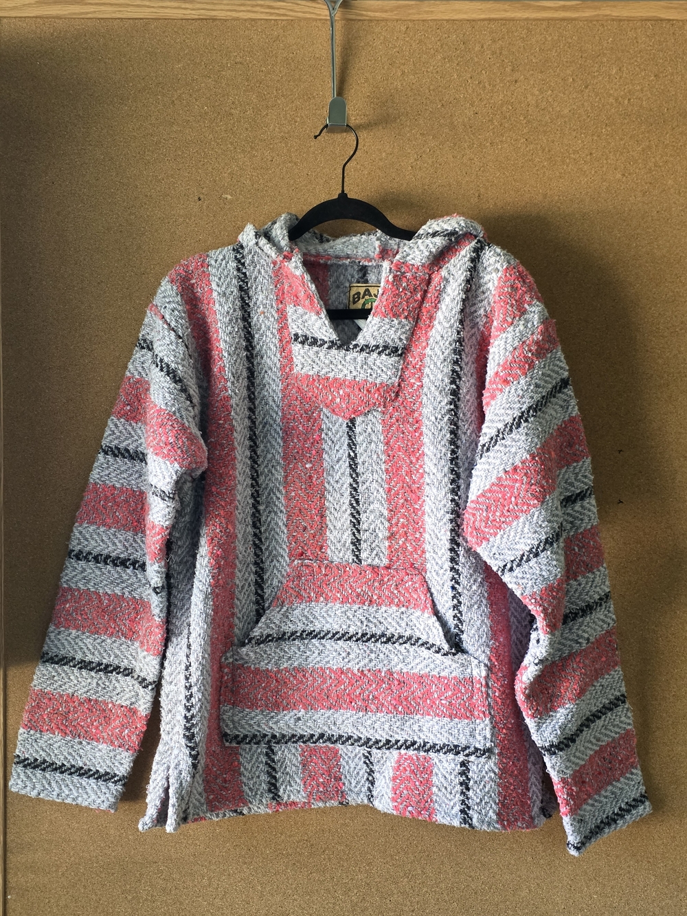 Baja Joe Woven Hoodie Pullover Sz S Gray Pink Striped Eco Blend Unisex Boho Surf